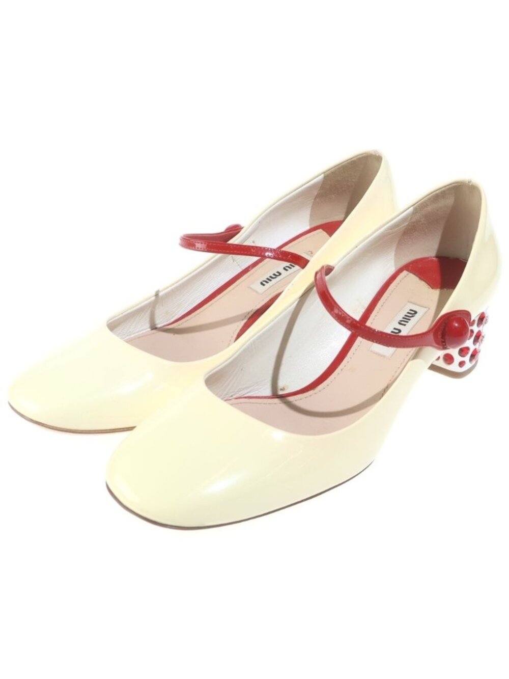 Miu Miu Crystal Embellished Heels Patent Leather Pumps Shoes White